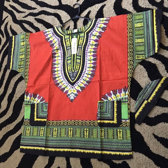 African Print Dashiki Men Women Shirt Traditional Vtg. Festive One Size - Orange - Picture 2 of 3